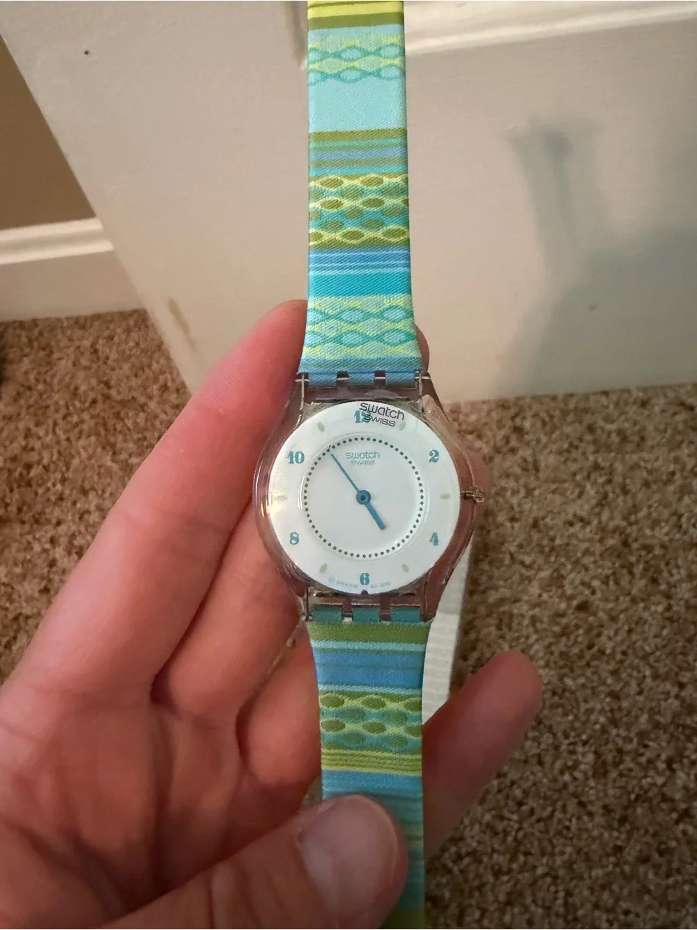 Swatch Blue and Lime Pattern Strap Watch